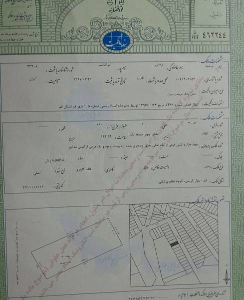 ۱۲۳ متر زمین پلاک ۱.۲۹۱ کریمی